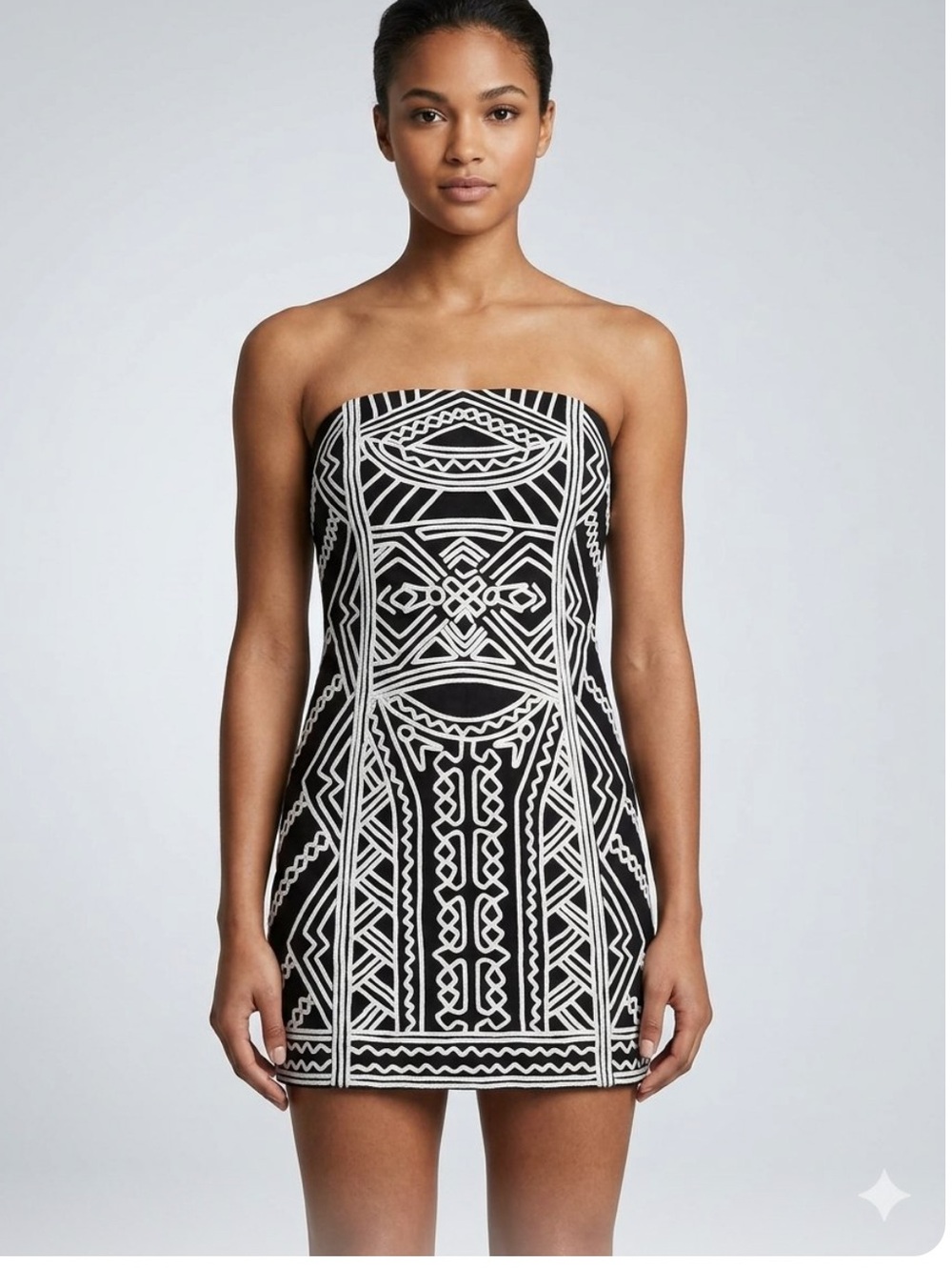 👗Free People Black & White Embroidered Geometric strapless Tube Dress